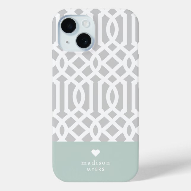 Mint and Gray Trellis Heart Monogram Case-Mate iPhone Case (Back)