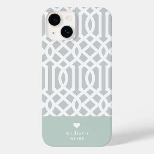 Mint and Gray Trellis Heart Monogram Case_Mate iPhone 14 Case