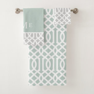 Mint and Gray Trellis Monogram Editable Colors Bath Towel Set