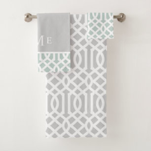 Mint and Gray Trellis Monogram Editable Colors Bath Towel Set