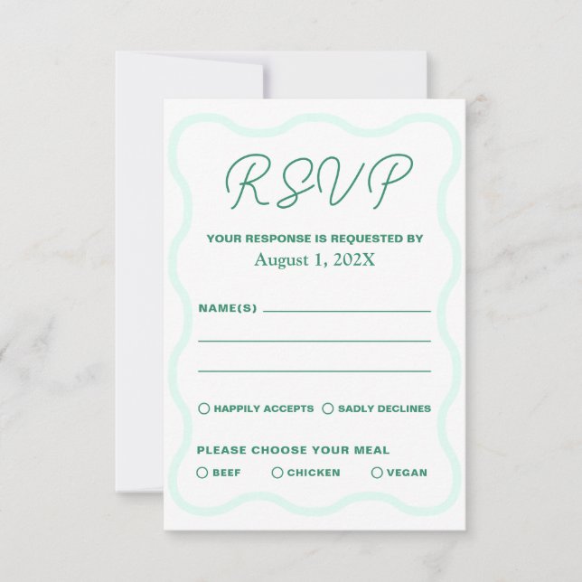 Mint and Green Wavy Retro Wedding RSVP Card (Front)