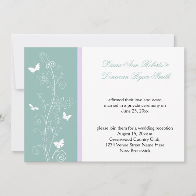 Mint and Lavender Floral Butterflies Post Wedding Invitation (Front)