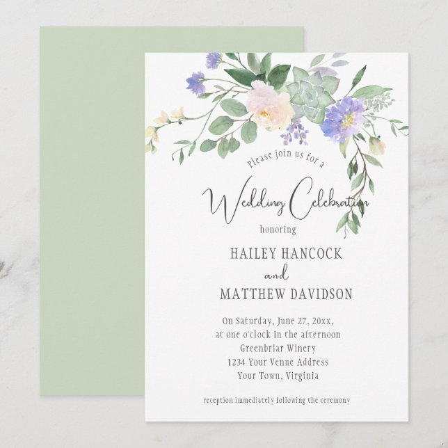 Mint and Lavender Florals and Succulents Wedding Invitation (Front/Back)