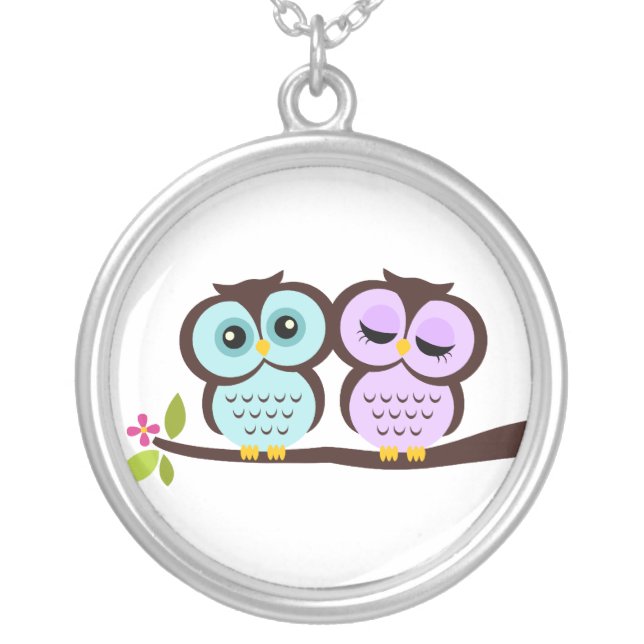 Mint and Lavender Owls Couple Silver Plated Necklace (Front)