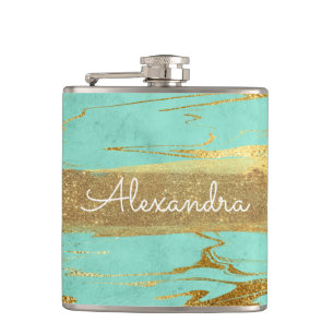Mint and Marble with Gold Foil and Glitter Flask