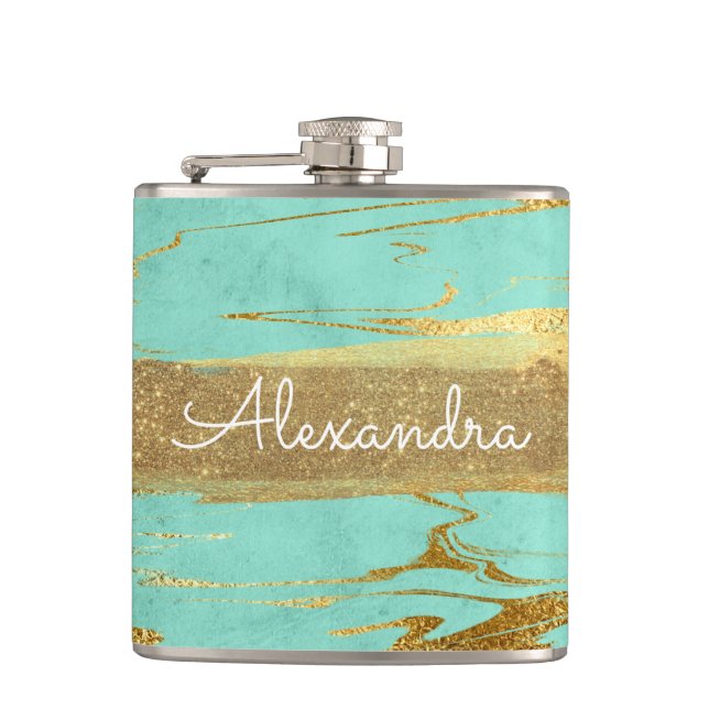 Mint and Marble with Gold Foil and Glitter Flask (Front)