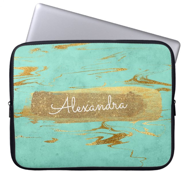 Mint and Marble with Gold Foil and Glitter Laptop Sleeve (Front)