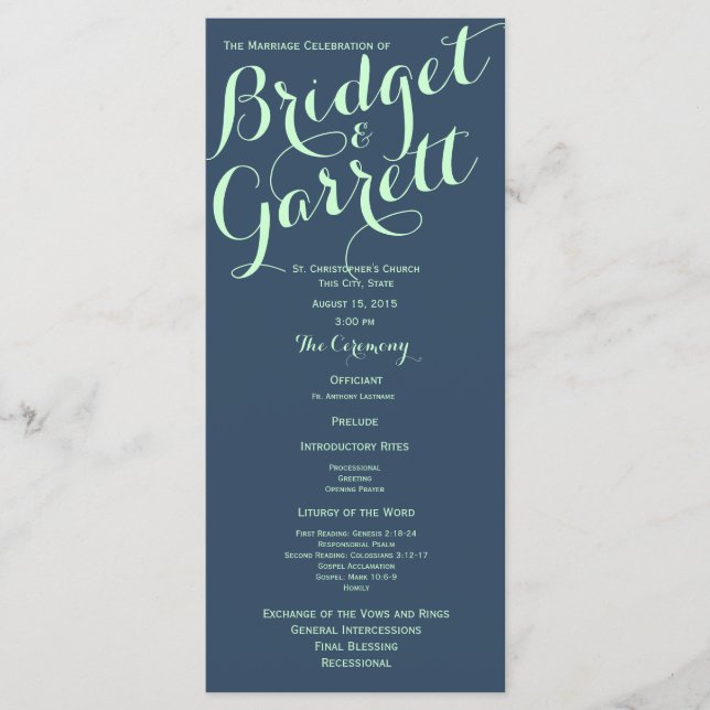 Mint and Navy Blue Text Design Wedding Program (Front)