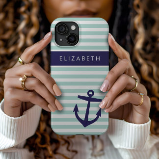 Mint and Navy Nautical Stripes Anchor Monogram iPhone 15 Case