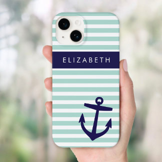 Mint and Navy Nautical Stripes Anchor Monogram Case-Mate iPhone 14 Case