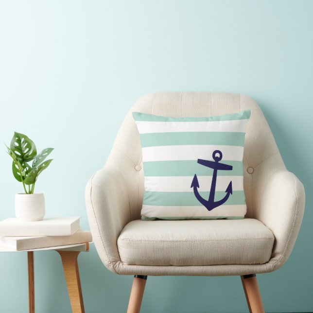 Mint and Navy Nautical Stripes and Anchor Throw Pillow (Chair)