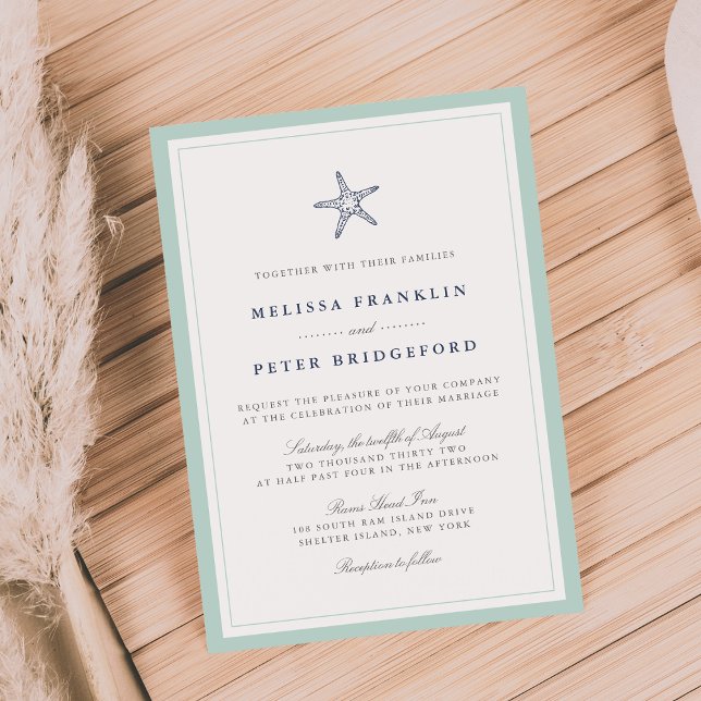 Mint and Navy Starfish Nautical Wedding Invitation (Creator Uploaded)