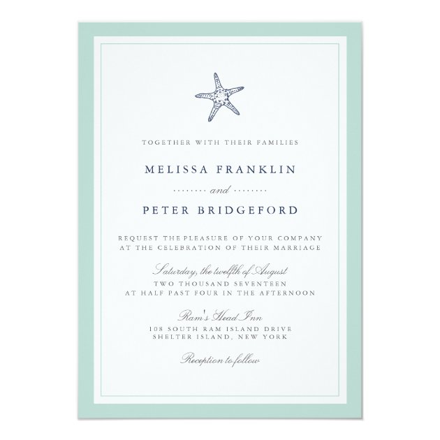 Mint And Navy Starfish Nautical Wedding Invitation