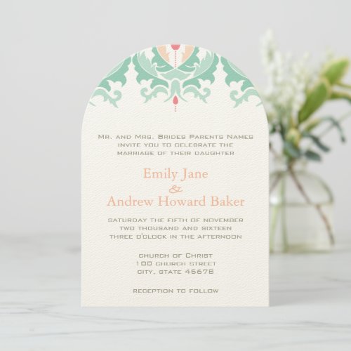 Mint and Peach Damask Wedding Invitation