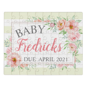 Mint and Peach Floral Pregnancy Announcement Jigsaw Puzzle