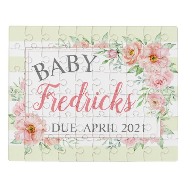 Mint and Peach Floral Pregnancy Announcement Jigsaw Puzzle (Puzzle Horizontal)