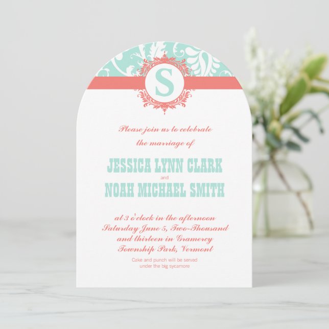 Mint and Peach Monogram Damask Wedding Invitations (Standing Front)