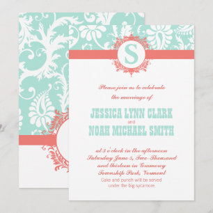 Mint and Peach Monogram Damask Wedding Invitations