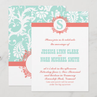 Mint and Peach Monogram Damask Wedding Invitations