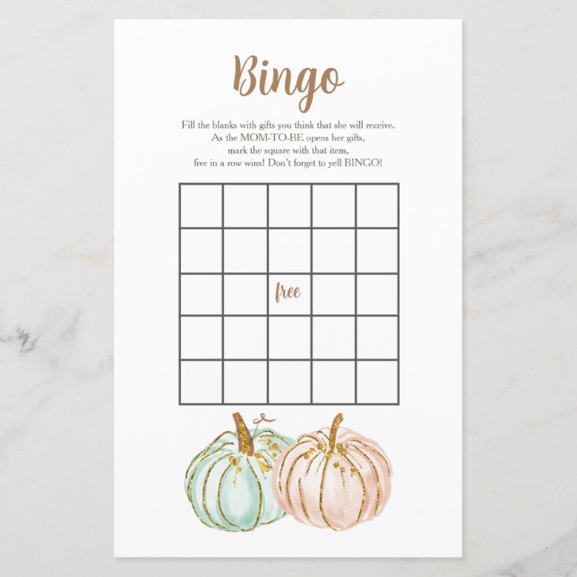 Mint and Peach Pumpkin Gender Reveal Bingo Game (Front)
