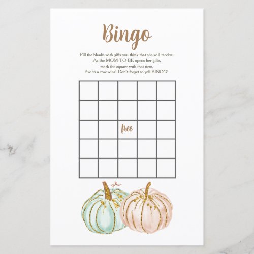 Mint and Peach Pumpkin Gender Reveal Bingo Game