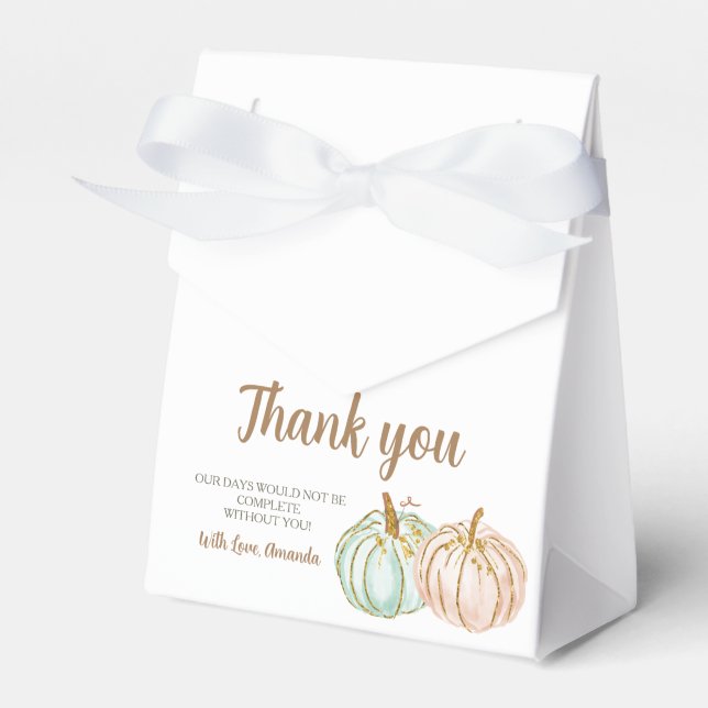Mint and Peach Pumpkin Gender Reveal Party Favor Boxes (Front Side)