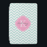 Mint and Pink Chevron Custom Monogram iPad Mini Cover<br><div class="desc">Cute trendy chic iPad case features a preppy zigzag chevron pattern personalized with your monogram name and initial in a girly quatrefoil frame. Click Customize It to change text fonts and colors to create your own unique one of a kind design.</div>