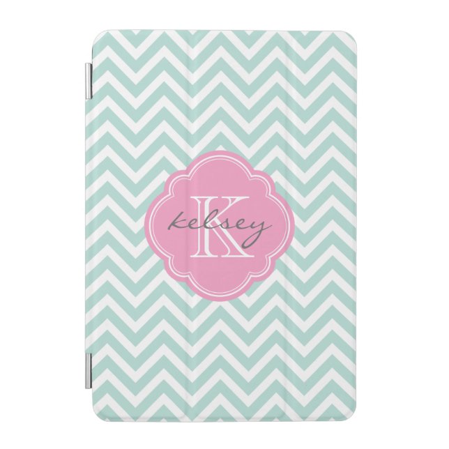 Mint and Pink Chevron Custom Monogram iPad Mini Cover (Front)