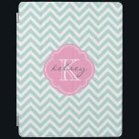 Mint and Pink Chevron Custom Monogram iPad Smart Cover<br><div class="desc">Cute trendy chic iPad case features a preppy zigzag chevron pattern personalized with your monogram name and initial in a girly quatrefoil frame. Click Customize It to change text fonts and colors to create your own unique one of a kind design.</div>