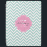 Mint and Pink Chevron Custom Monogram iPad Smart Cover<br><div class="desc">Cute trendy chic iPad case features a preppy zigzag chevron pattern personalized with your monogram name and initial in a girly quatrefoil frame. Click Customize It to change text fonts and colors to create your own unique one of a kind design.</div>