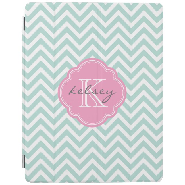 Mint and Pink Chevron Custom Monogram iPad Smart Cover (Front)