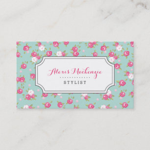 Mint and Pink Chic Vintage Floral Print Business Card