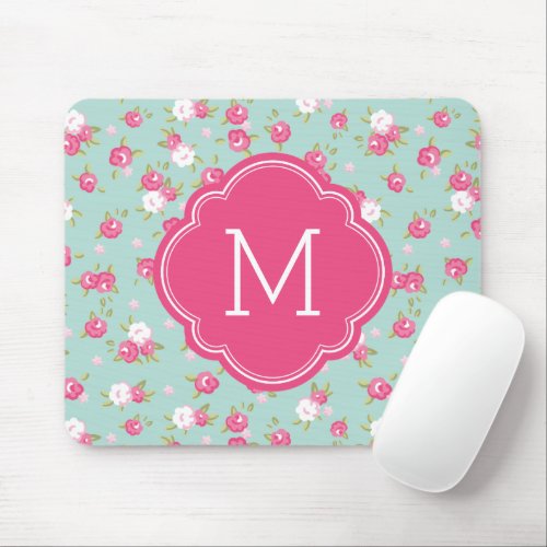 Mint and Pink Chic Vintage Floral Print Monogram Mouse Pad