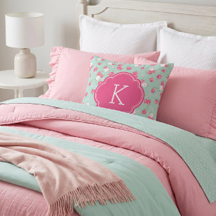 Mint and Pink Chic Vintage Floral Print Monogram Throw Pillow