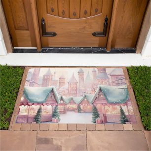 Mint and Pink Cozy Christmas Market - Winter Scene Doormat