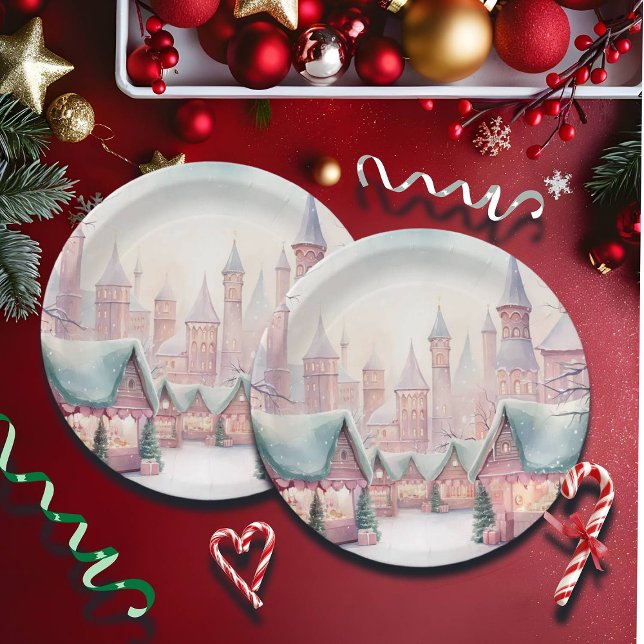 Mint and Pink Cozy Christmas Market - Winter Scene Paper Plates (Creator Uploaded)