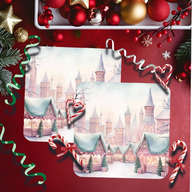 Mint and Pink Cozy Christmas Market - Winter Scene Square Paper Coaster (Creator Uploaded)