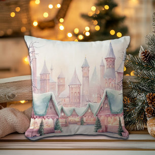 Mint and Pink Cozy Christmas Market - Winter Scene Throw Pillow