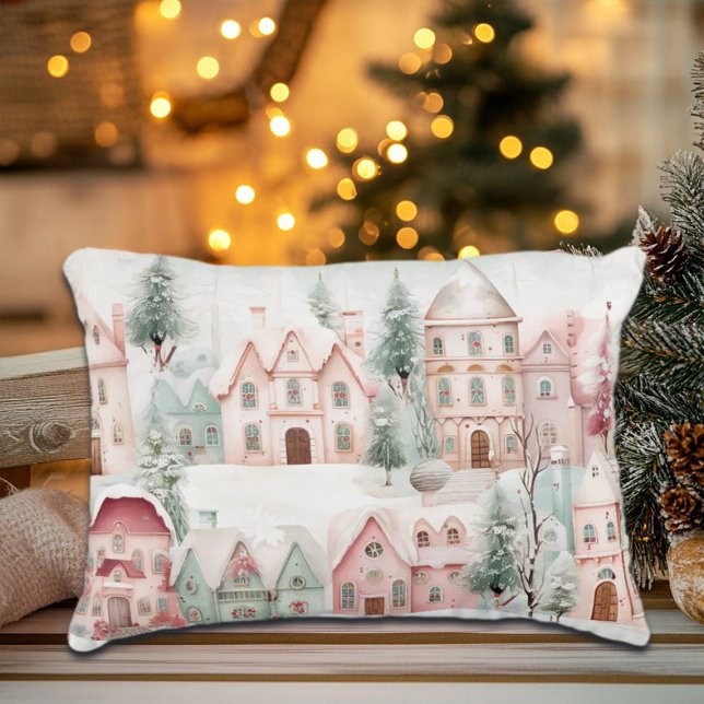 Mint and Pink Cozy Watercolor Winter Scene Accent Pillow (Creator Uploaded)