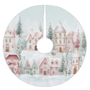 Mint and Pink Cozy Watercolor Winter Scene Brushed Polyester Tree Skirt