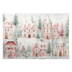 Mint and Pink Cozy Watercolor Winter Scene Cloth Placemat