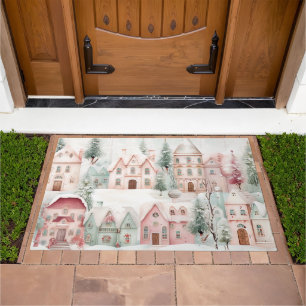 Mint and Pink Cozy Watercolor Winter Scene Doormat