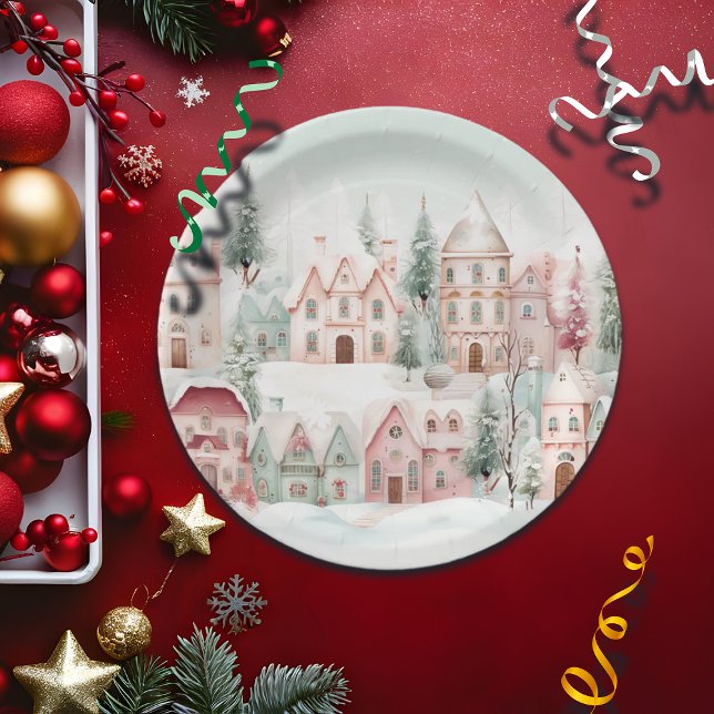 Mint and Pink Cozy Watercolor Winter Scene Paper Plates (Creator Uploaded)