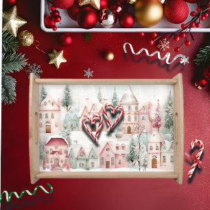 Mint and Pink Cozy Watercolor Winter Scene Serving Tray
