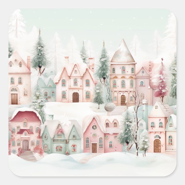 Mint and Pink Cozy Watercolor Winter Scene Square Sticker (Front)