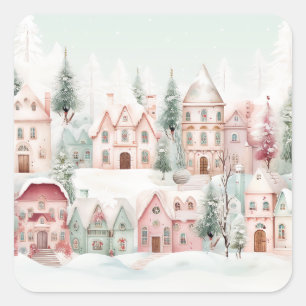 Mint and Pink Cozy Watercolor Winter Scene Square Sticker