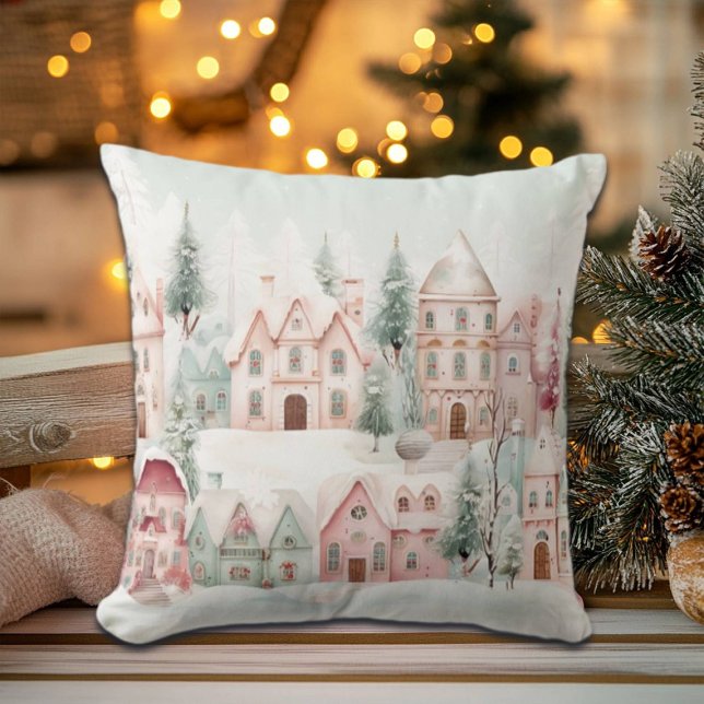 Mint and Pink Cozy Watercolor Winter Scene Throw Pillow (Creator Uploaded)