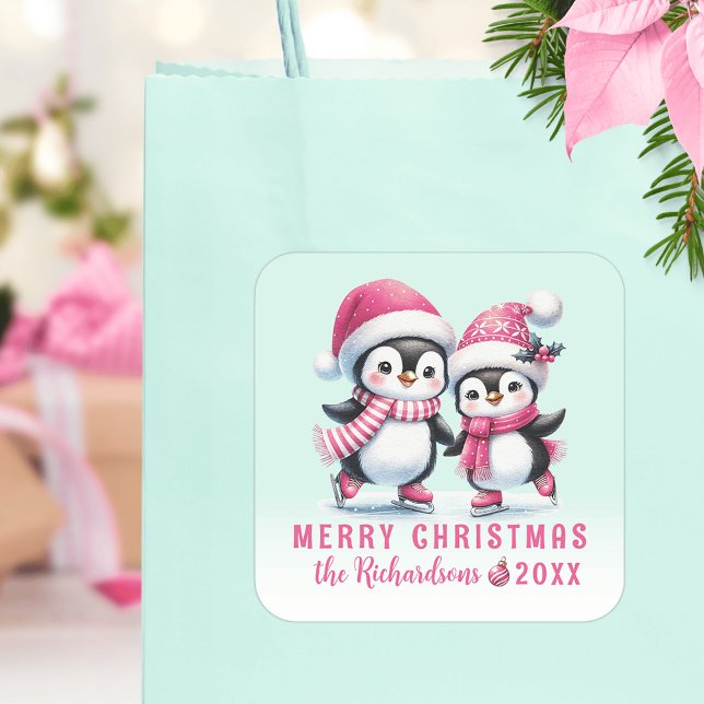 Mint and Pink Cute Penguins Custom Merry Christmas Square Sticker (Creator Uploaded)