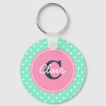 Mint And Pink Dots, Initial, And Name Keychain at Zazzle