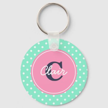 Mint And Pink Dots  Initial  And Name Keychain by Jmariegarza at Zazzle